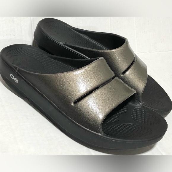 OOFOS Shoes - OOFOS Metallic Pewter Slide Sandals